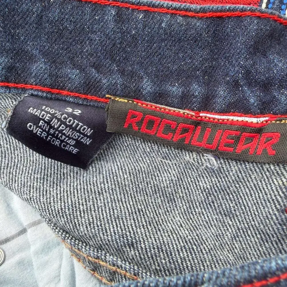 Essential Vintage Rocawear Y2K Baggy Denim Jorts with Embroidered Red Pockets